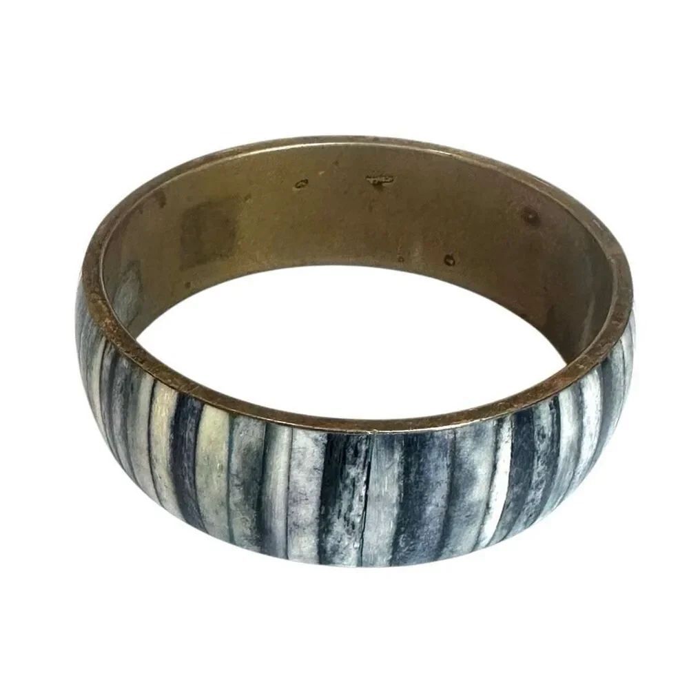 Vintage Brass & Shell Inlay Bangle Bracelet